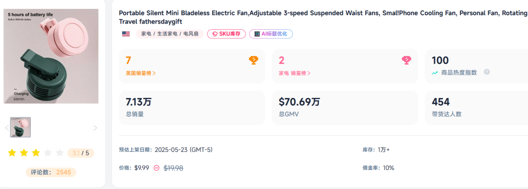 便携风扇界新王“登基”,TikTok已爆卖70000件!